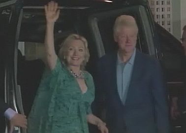 The former First Couple arrives in for cocktails at a local restaurant in Rhinebeck, N.Y., the evening before the wedding of their daughter, Chelsea Clinton.  