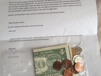 Kid Giants fan sends Brandon Jacobs money 