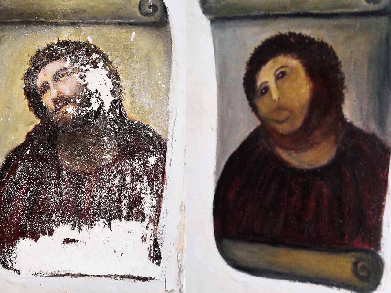 This combination of two undated handout photos made available by the Centro de estudios Borjanos shows the 20th century Ecce Homo-style fresco of Christ before, left, and after an elderly amateur artist Celia Gimenez  took it upon herself to restore it in the church of the northern Spanish agricultural town of Borja 