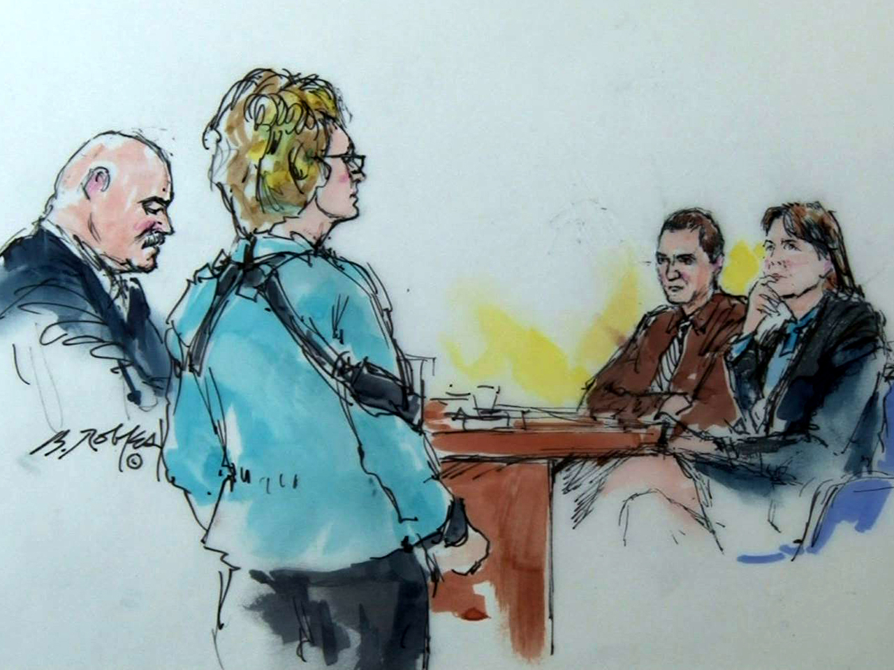 Mark Kelly, left, walks with his wife, former Rep. Gabrielle Giffords, near Jared Lee Loughner and one of his attorneys, Judy Clarke, in federal court in Tucson, Ariz., Nov. 8, 2012, in this sketch by Bill Robles. 