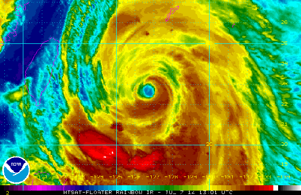 A satellite image provided by NOAA shows Typhoon Neoguri churning over the Pacific Ocean, heading for Japan 