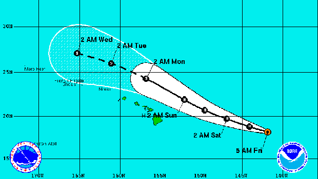 A graphic shows the projected track of Hurricane Julio from the National Weather Service Aug. 8, 2014. 