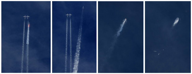 A combination of photos shows Virgin Galactic's SpaceShipTwo as it detaches from the jet airplane that carried it aloft and then exploding over the skies of the Mojave Desert, California, Oct. 31, 2014. 