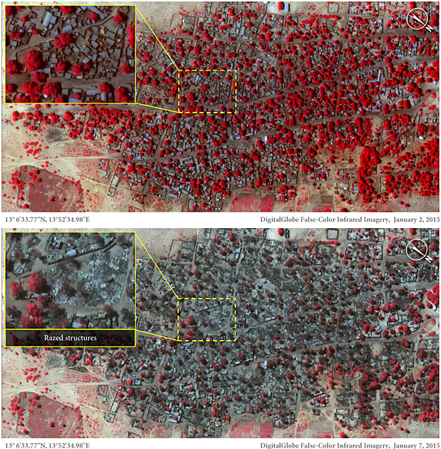 Satellite images of the village of Doro Baga in northeast Nigeria taken Jan. 2, 2015 (top), and Jan. 7, 2015, shows almost all of the structures razed after an attack by militants from the Boko Haram group. Grey areas in the lower images are burned structures 