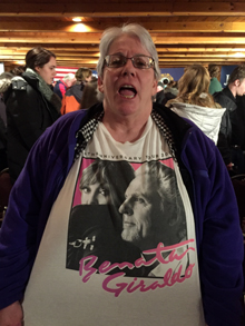 Leona Clough, a 65-year-old Jeb Bush supporter from Hollis, New Hampshire, shows off her Pat Benatar T-shirt Jan. 15, 2016. 