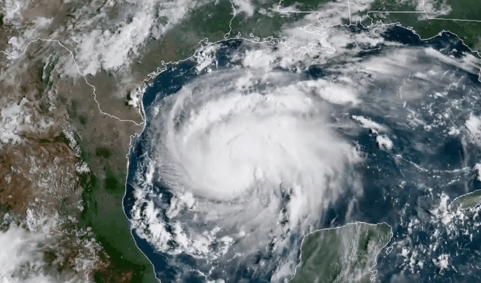 Hurricane Harvey is seen in the Texas Gulf Coast in this NOAA GOES satellite image 