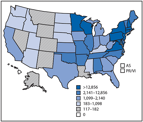 Reported cases* of tickborne disease — U.S. states and territories, 2004–2016 