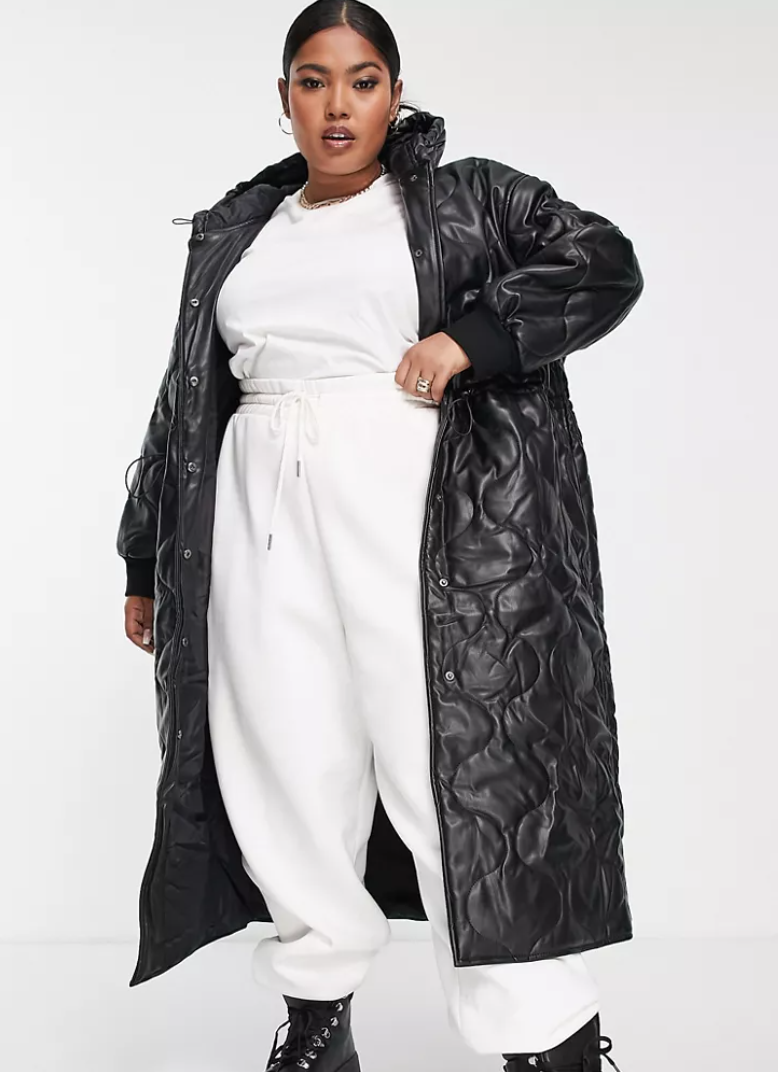 ASOS Design faux leather quilted hooded puffer coat 