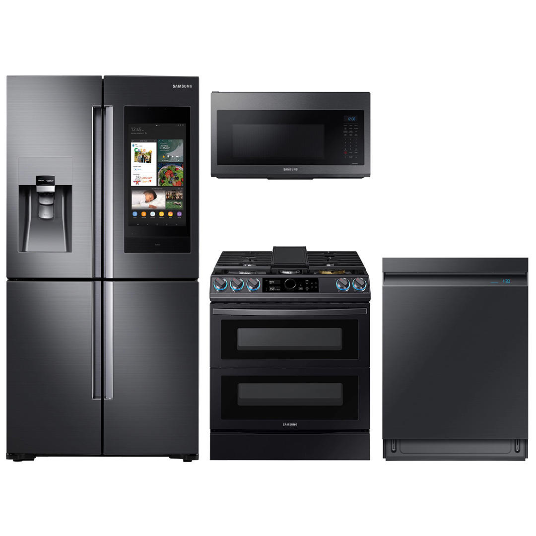Family Hub 4-door Flex refrigerator + Flex Duo slide-in gas range with Smart Dial and air fry + linear wash dishwasher + microwave in black stainless 