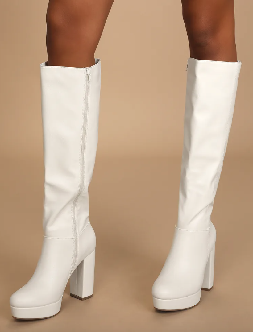 Lulus Layyney white platform knee-high boots 