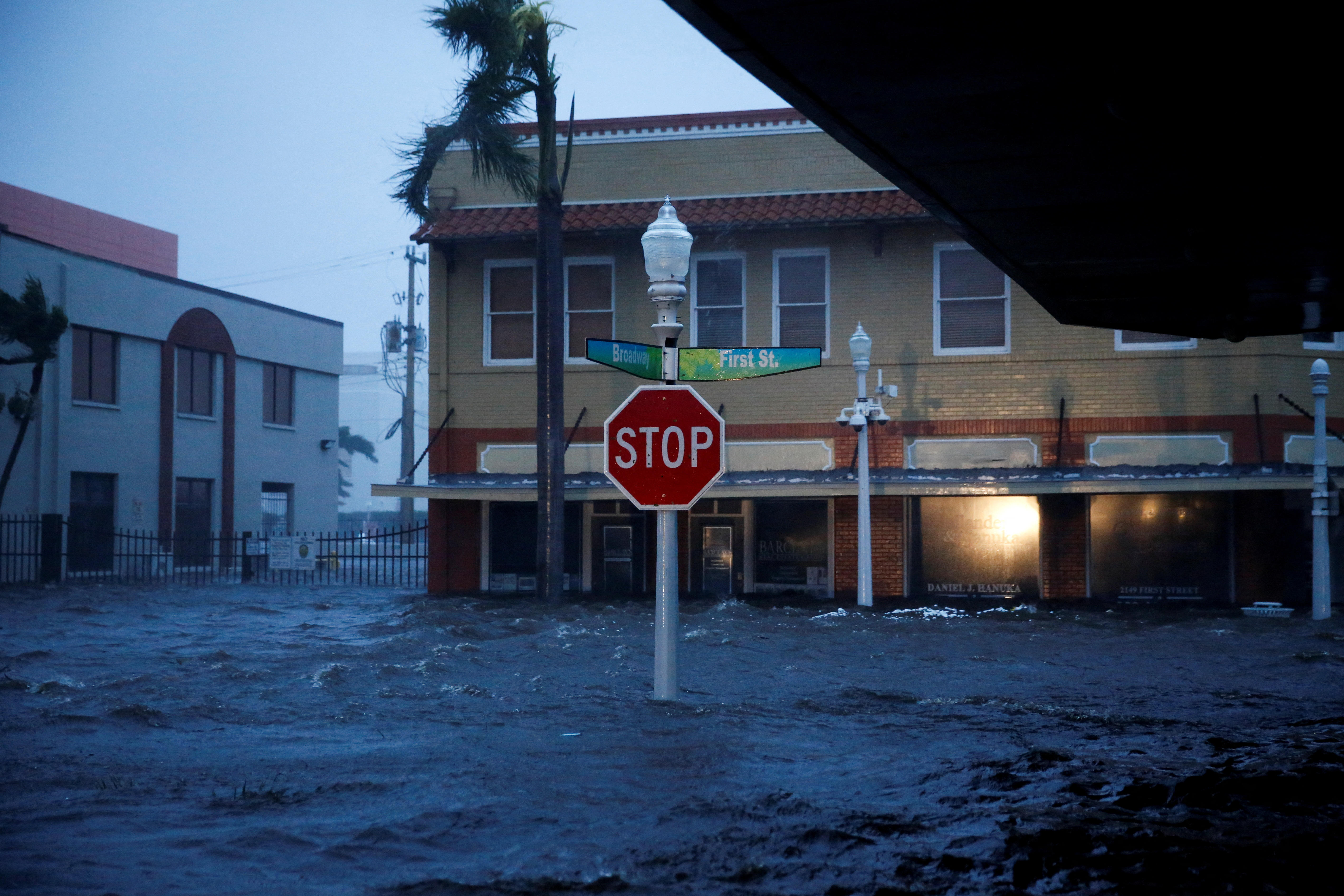 A flooded street in downtown Fort Myers, Florida from Hurricane Ian 