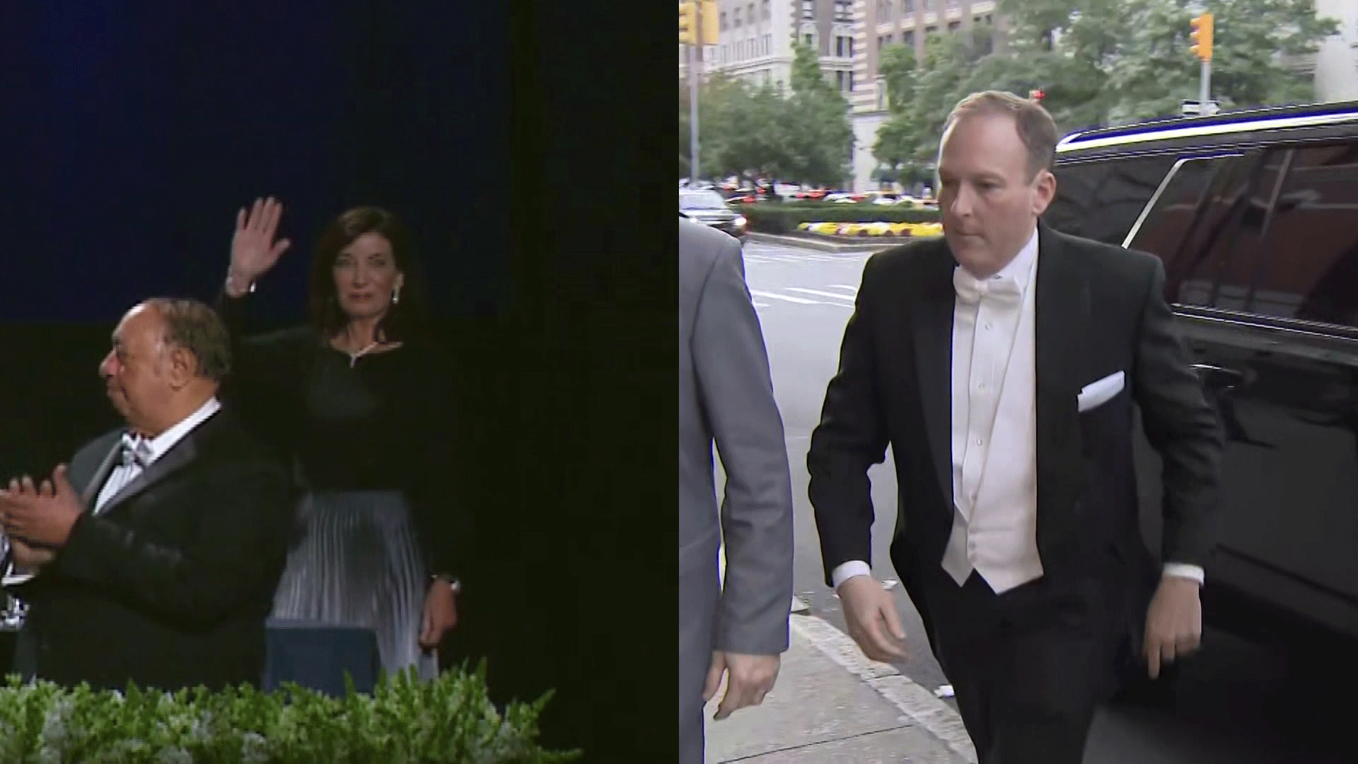 Two side-by-side photos showing Gov. Kathy Hochul and Congressman Lee Zeldin in formalwear for the Al Smith Dinner. 