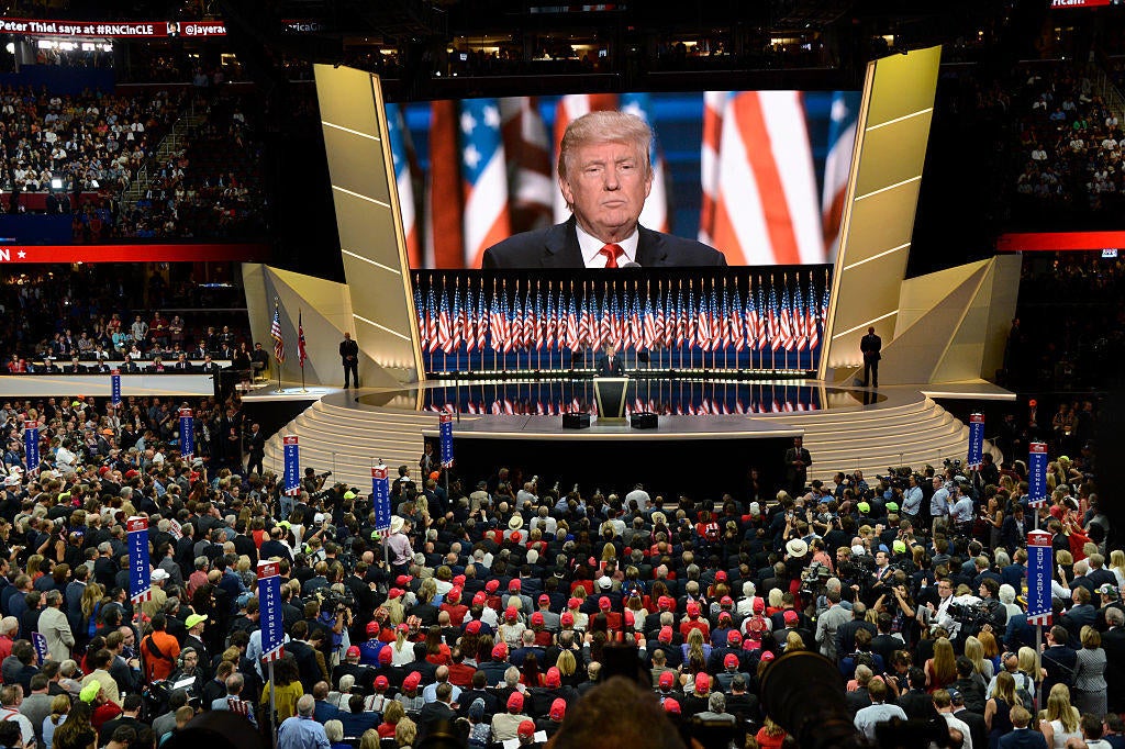 Donald Trump accepts the Republican Party's nomination for president in Cleveland, Ohio, on July 21, 2016.