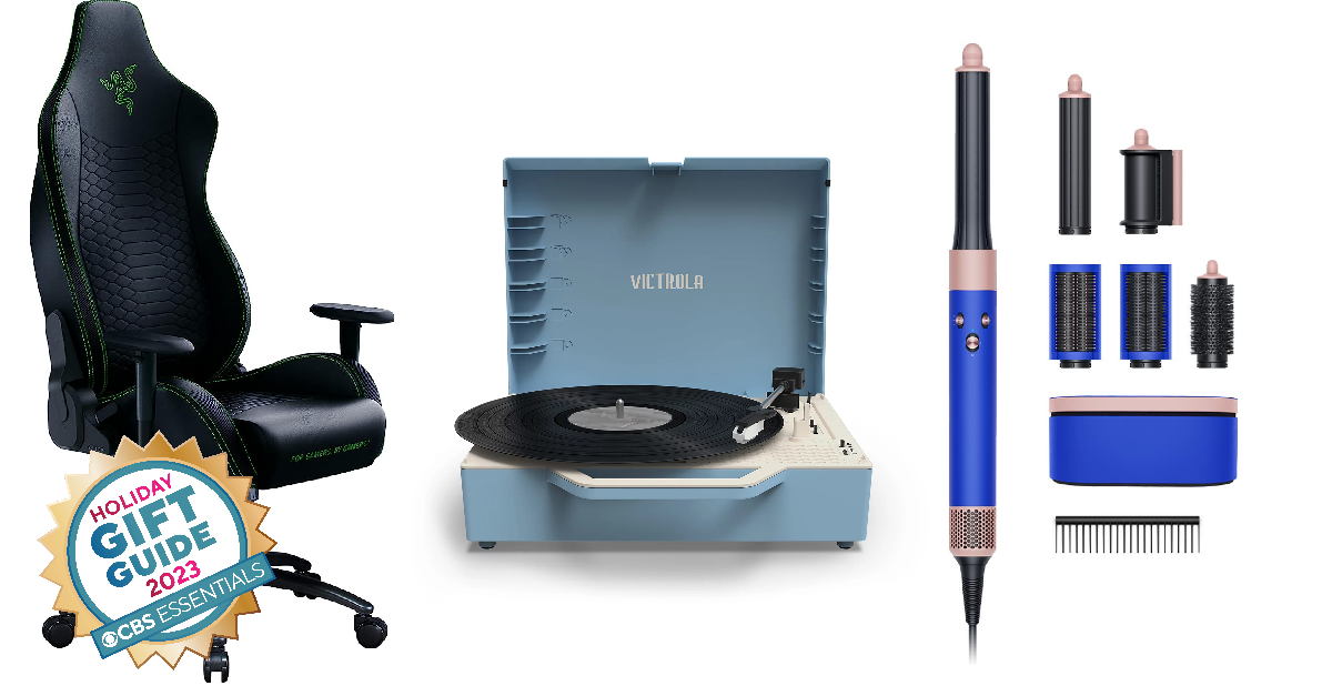 Teen gift guide. Pictured: A gaming chair, a record player and a Dyson AirWrap 