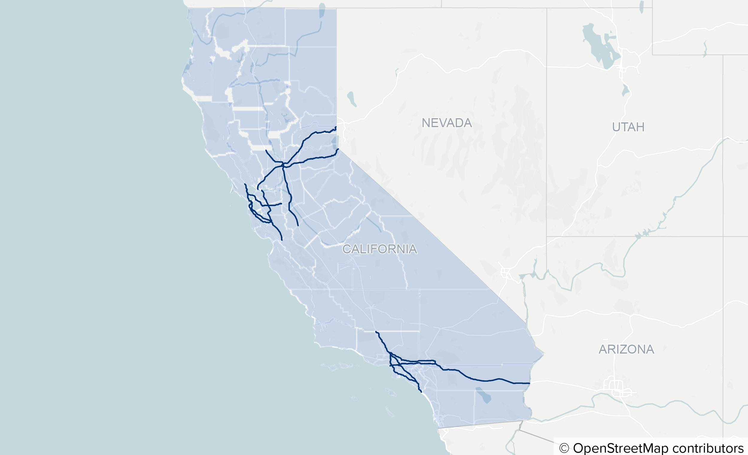 کیلیفورنیا کے کون سے فری ویز کو سب سے زیادہ نقصان کے دعوے ہوئے؟  معلوم کرنے کے لیے نقشے پر کلک کریں۔ 