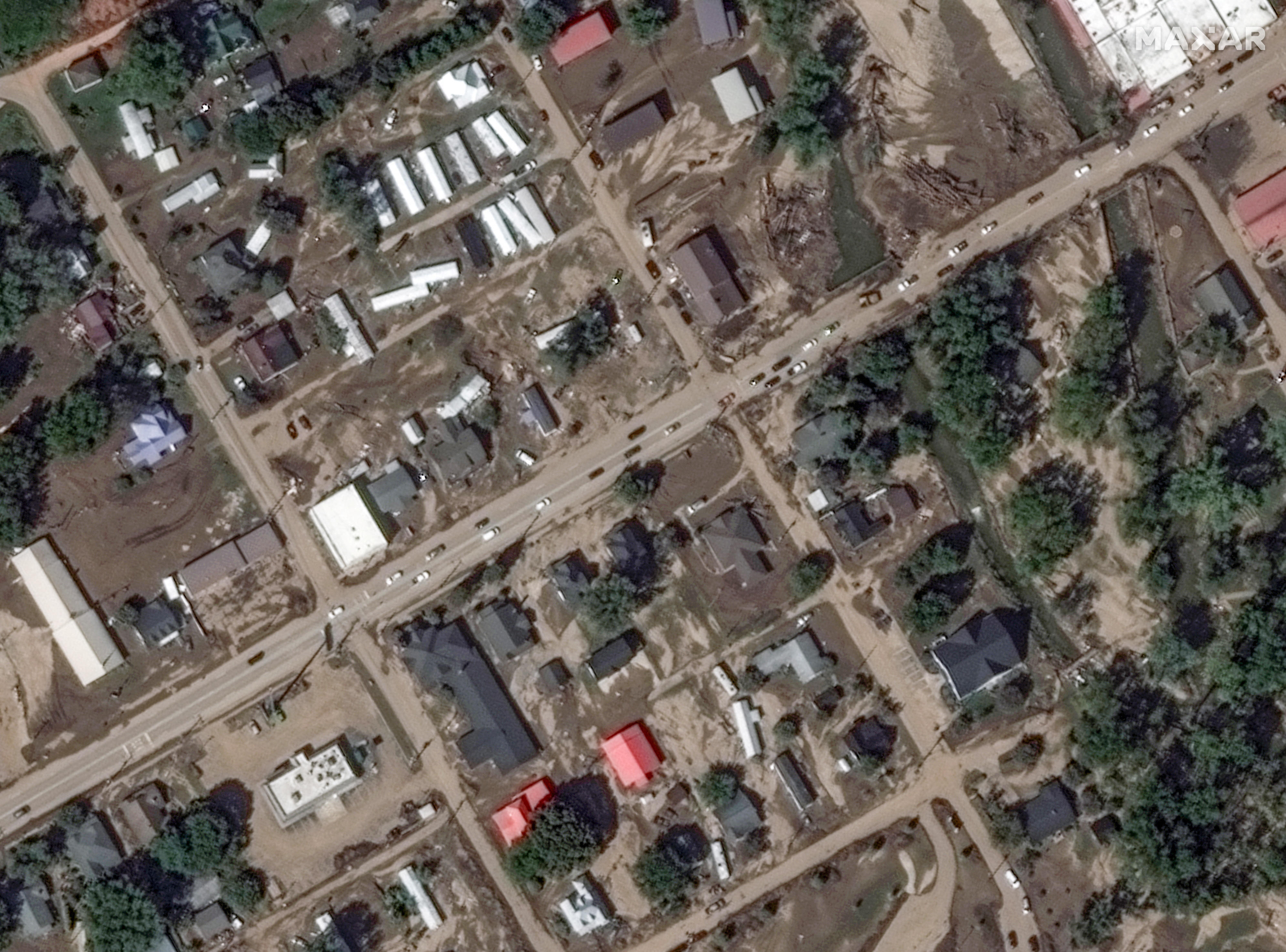 A satellite image shows damage after Hurricane Helene in Old Fort, North Carolina 