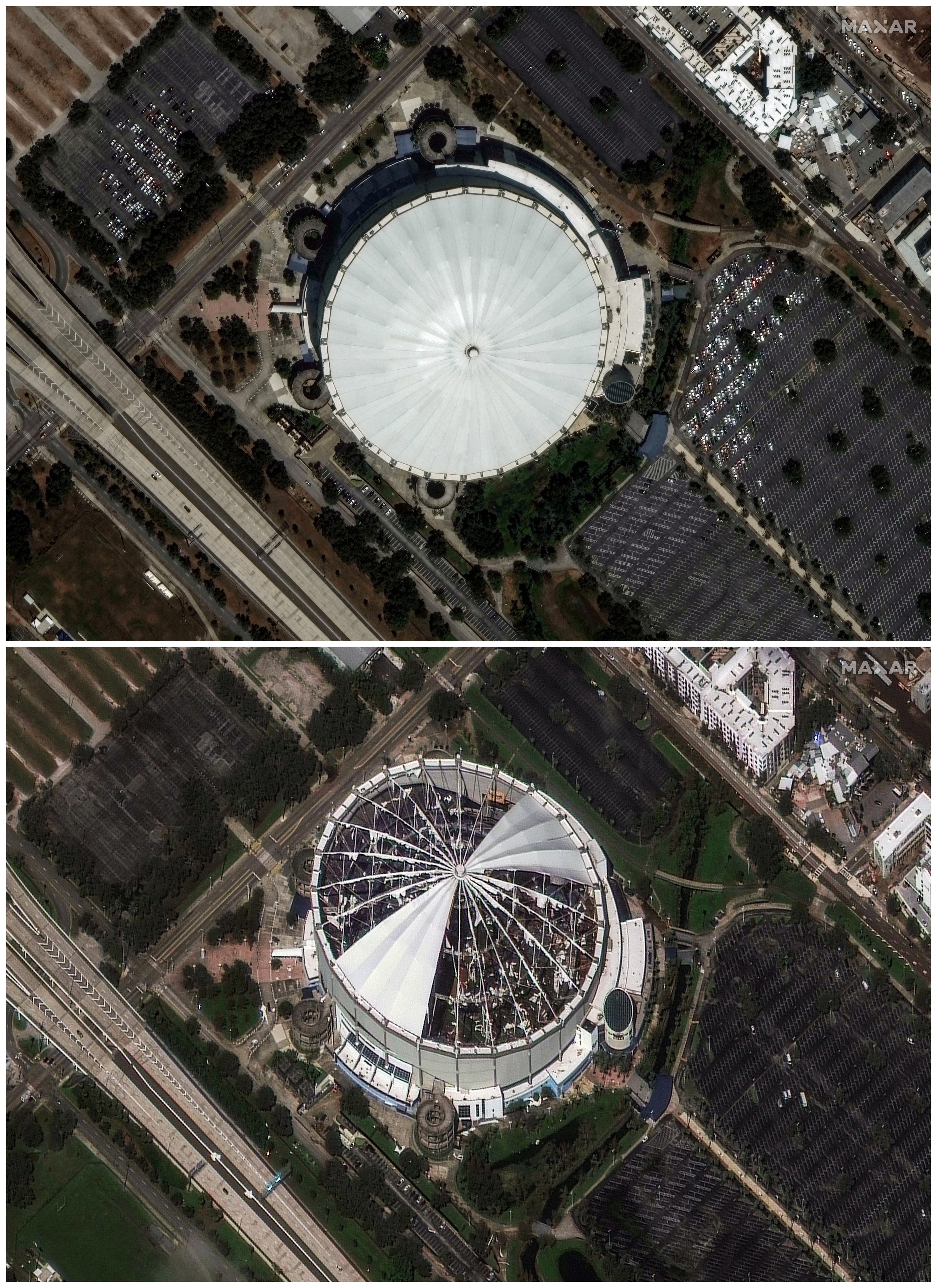 Imagem combinada do Tropicana Field antes e depois do furacão Milton, em São Petersburgo, Flórida 