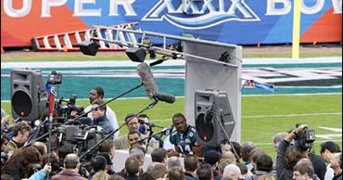 The Philadelphia Eagles' Terrell Owens tests his ankle during Media Day for  Super Bowl XXXIX on Feb. 1, 2005, in Jacksonville, Fla. The Eagles will  play the New England Patriots for the