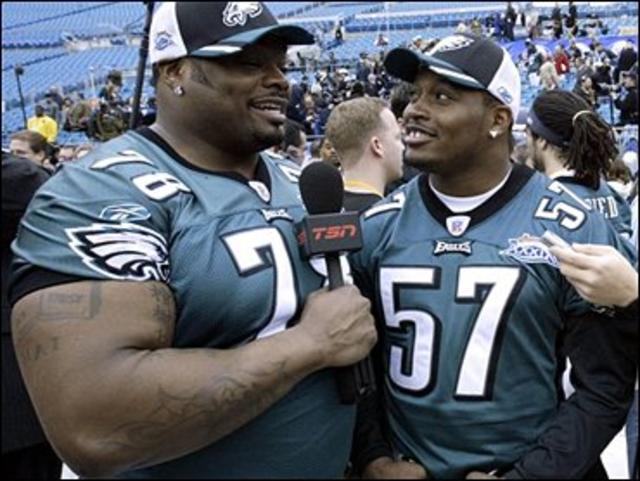 The Philadelphia Eagles' Terrell Owens tests his ankle during Media Day for  Super Bowl XXXIX on Feb. 1, 2005, in Jacksonville, Fla. The Eagles will  play the New England Patriots for the