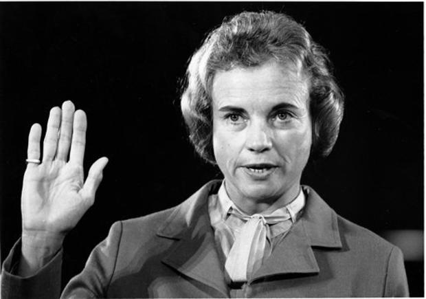 Sandra Day O'Connor raises her right hand to be sworn in before the Senate Judiciary Committee on Sept. 9, 1981. 