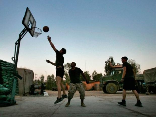 U.S. Marines play basketball at their camp in Ramadi 
