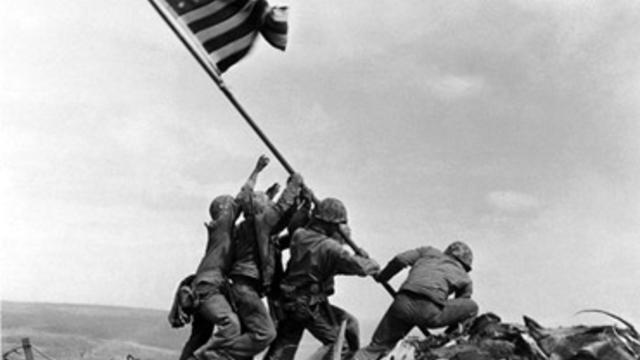 US Marines raise American flag on Mount Suribachi, Iwo Jima 