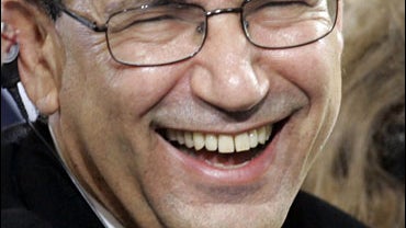 Turkish novelist Orhan Pamuk laughs in the Paul's Church (Paulskirche) in Frankfurt, Germany 