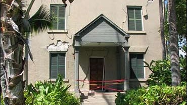The quake that hit Hawaii Oct. 15, 2006, left cracks visible on the exterior walls above the side entrance of the Hulihee Palace, a Hawaiian royalty summer house built in 1838 now operated as a museum. 