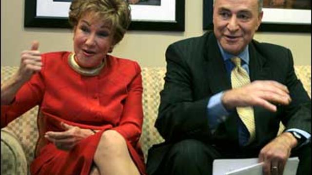 Sens. Elizabeth Dole, R-N.C., left and Charles Schumer, D-N.Y., talk before appearing on CBS's "Face the Nation" in Washington, Sunday, Oct. 22, 2006. 
