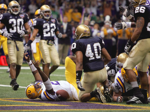 Quarterback JaMarcus Russell (2) of the LSU Tigers celebrates his touchdown in the second quarter of the 2007 Allstate Sugar Bowl against the Notre Dame Fighting Irish on January 3, 2007 at the Superdome in New Orleans, Louisiana. 