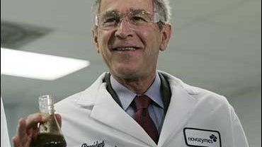 President Bush speaks to reporters while observing ethanol production during a tour of Novozymes North America, Inc., a biotechnology company which produces enzymes for industrial use, Thursday, Feb. 22, 2007, in Franklinton, N.C. 
