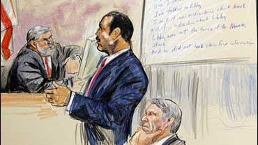 This artist rendering shows David Addington, who served as Vice President legal counsel, left, questioned by Theodore V. Wells, Jr., attorney for I. Lewis "Scooter" Libby, center, during Libby's, right, perjury trial at federal court in Washington, Tuesda 