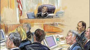 District Judge Reggie Walton, center seated, speaks to members of the jury as I. Lewis "Scooter" Libby, seated, lower left, listens during Libby's perjury trial at federal court in Washington, Wednesday, Feb. 22, 2007. 