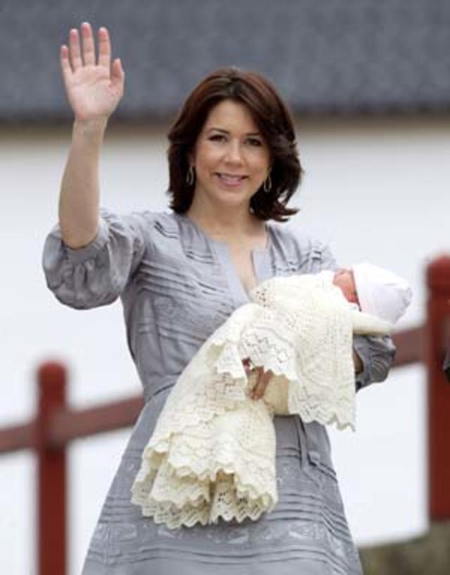 Crown Princess Mary and Crown Prince Frederik of Denmark leave the  University Hospital with their newborn daughter in Copenhagen, Denmark,  Monday April 23, 2007. Denmark's newborn princess slept soundly during her  first