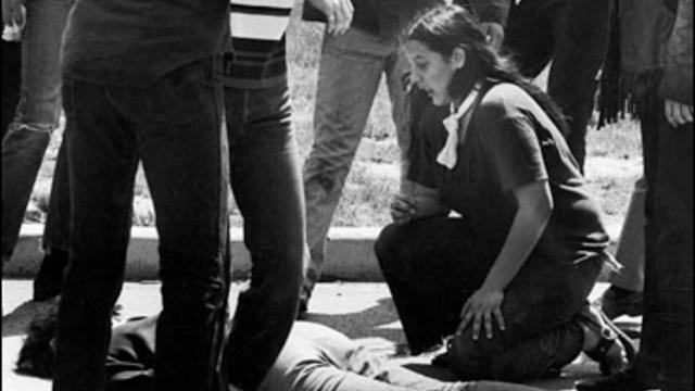 Mary Ann Vecchio kneelis over the body of Kent State University student Jeffrey Glenn Miller, Kent, Ohio, May 4, 1970. 