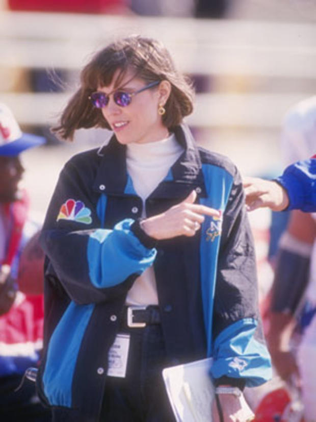 NBC Sports commentator Hannah Storm looks on during a game between the Buffalo Bills and the Chicago Bears at Soldier Field in Chicago, Oct. 2, 1994. The Bears won the game, 20-13 