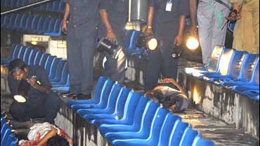 Police officials inspect blast site in Hyderabad, India 