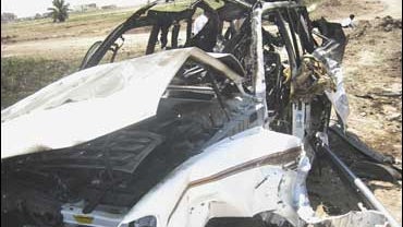 The wreckage of Sheik Abdul Sattar Abu Risha's vehicle 