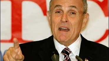 Republican presidential candidate Rudy Giuliani gestures while delivering remarks to law enforcement officials in South Portland, Maine, Monday, Sept. 24, 2007. 