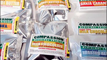 Samples of marijuana-laced candy are seen at a news conference Thursday, Sept. 29, 2007, in Oakland, Calif. 