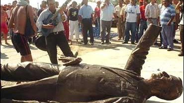 A statue of Mexico's former President Vicente Fox after it was pulled down in Boca del Rio, Mexico 