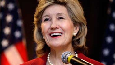 Sen. Kay Bailey Hutchison, R-Texas, smiles while speaking to supporters in Dallas in this, Nov. 7, 2006, file photo. Hutchison will not seek re-election after her current Senate term and may leave before her term ends in 2012 to run for Texas governor, a  
