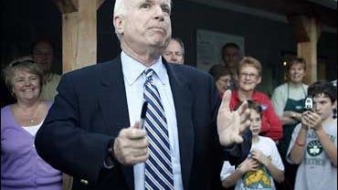 Presidential hopeful Sen. John McCain, R-Ariz., greets people at the Hillside Country Store and Deli in Pelham, N.H. on Monday Oct. 22, 2007. (AP Photo/Cheryl Senter) 