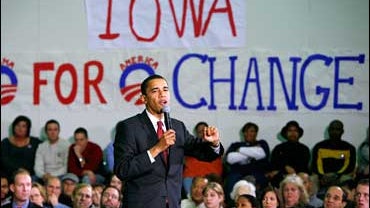 Democratic presidential hopeful Sen. Barack Obama, D-Ill., speaks during a town hall meeting, Sunday, Nov. 25, 2007, at North High School in Des Moines, Iowa. (AP Photo/Charlie Neibergall) 