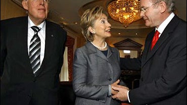 Democratic Presidential hopeful, Sen. Hillary Rodham Clinton, D-N.Y. shake hands with Martin McGuinness, as his fellow Northern Ireland leader Ian Paisley 
