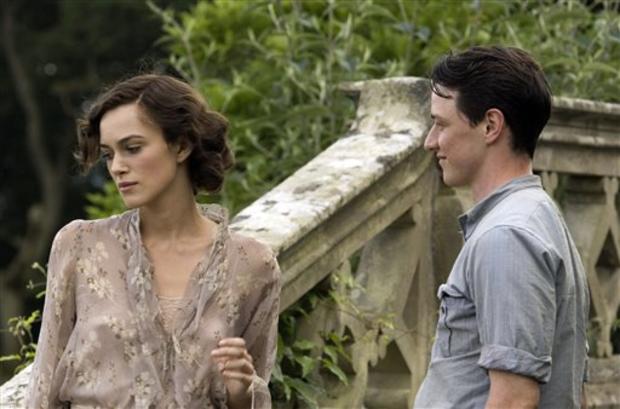 This undated photo originally provided by Focus Features shows Keira Knightley, left, and James McAvoy during a scene from the film "Atonement". (AP Photo/Focus Features) 