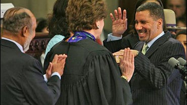 Chief Judge Judith Kaye administers the oath of office to Gov. David Paterson Monday, March 17, 2008 in New York. 