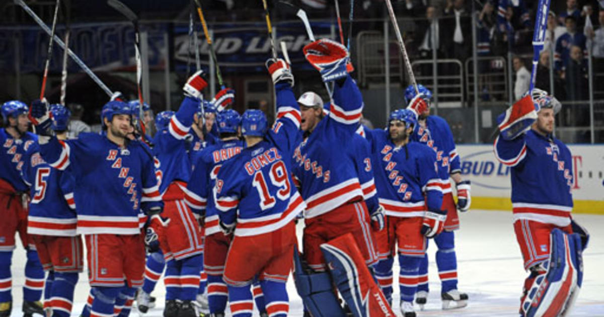 New York Rangers celebrate their 5-3 win over the New Jersey Devils in Game  5 of a first-round NHL playoff hockey series Friday night, April 18, 2008  at the Prudential Center in