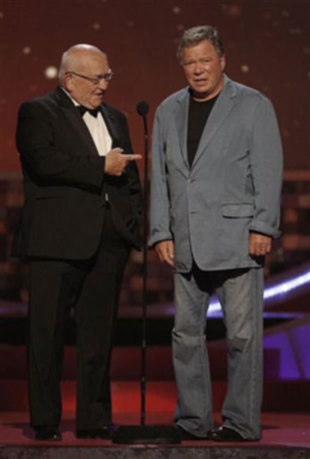 Actors Ed Asner, left, and William Shatner are seen on stage at the TV Land Awards on Sunday June 8, 2008 in Santa Monica, Calif. 