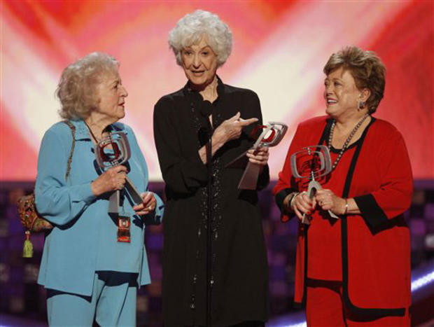 The cast of the Golden Girls accepts the pop culture award at the TV Land Awards on Sunday June 8, 2008 in Santa Monica, Calif. From left are: Betty White, Beatrice Arthur, and Rue McClanahan. 